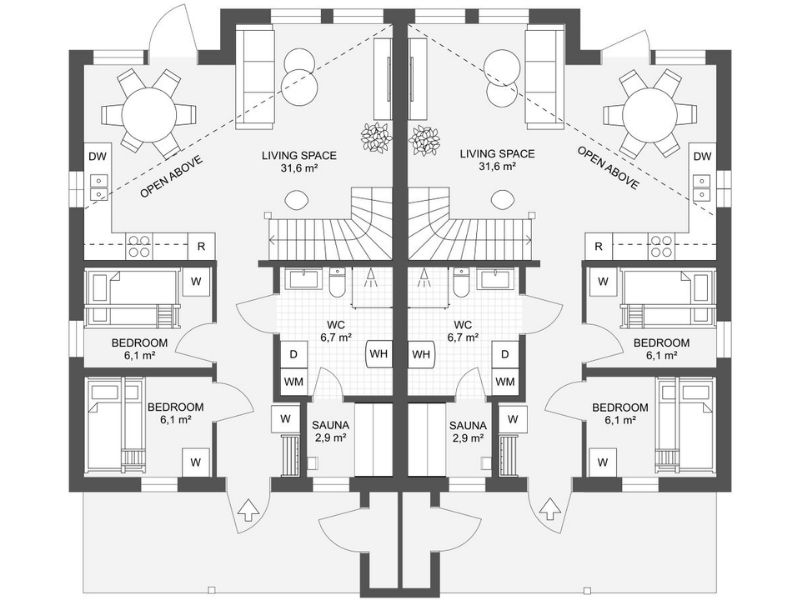 2D floor plan of a symmetrical duplex layout, with two mirrored living units. Each unit includes a central open-concept living space, a kitchen and dining area, two bedrooms, a bathroom with a toilet and shower, a private sauna, and multiple storage closets (W, WH). Both living spaces feature high ceilings labeled "open above," and the front entrance leads into a shared hallway with stairs leading upward. The layout is functional and compact, ideal for two families or guests sharing a property.