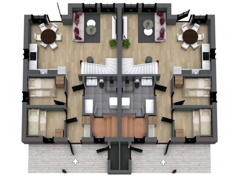 3D floor plan of a symmetrical duplex apartment showing two mirrored units. Each unit includes an entry hall, two bedrooms, a shared bathroom with double sinks, a kitchen with a dining area, and a living room with access to a balcony or terrace. A central staircase separates the two units and leads to an upper floor. The layout uses light wood flooring and modern furnishings for a clean and inviting look.