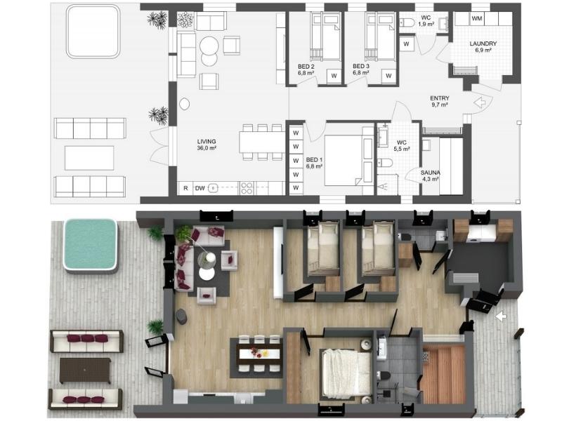 Split view of a modern single-story home layout, featuring a 2D floor plan on top and a 3D rendered version below. The home includes an open-concept living, dining, and kitchen area that opens to a spacious outdoor patio with lounge seating and a hot tub. Inside, there are three bedrooms, a sauna, two separate toilets, a laundry room, and a central entry hallway. The 3D view showcases contemporary furniture, wood flooring, and a neutral color palette, while the 2D plan highlights room dimensions, storage (W), and fixture placement.