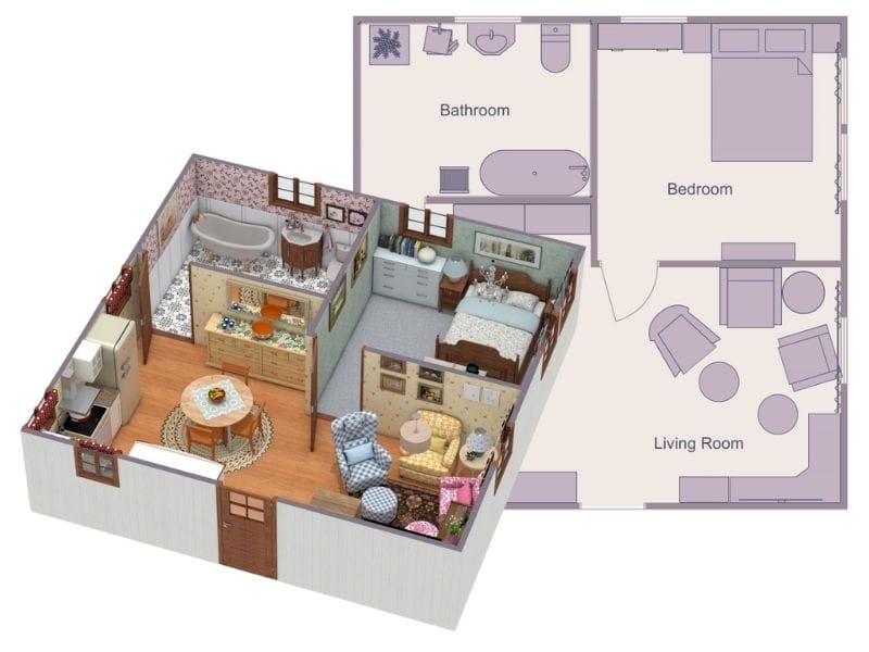 Retirement floor plan in 2D and 3D.