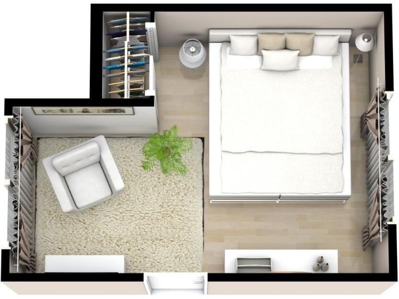 3D floor plan of a cozy bedroom with a double bed against the top wall, nightstands on each side, and two closets with hanging clothes on the right. The room includes a sitting area with a white armchair on a fluffy rug, a small plant, and a dresser along the bottom wall.