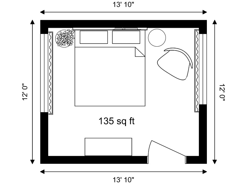 2D black-and-white bedroom floor plan measuring 13’10” by 12’0”, totaling 135 sq ft. The layout shows a double bed along the top wall with nightstands, a round side table, an accent chair, and windows on both side walls. A door is located at the bottom right corner.