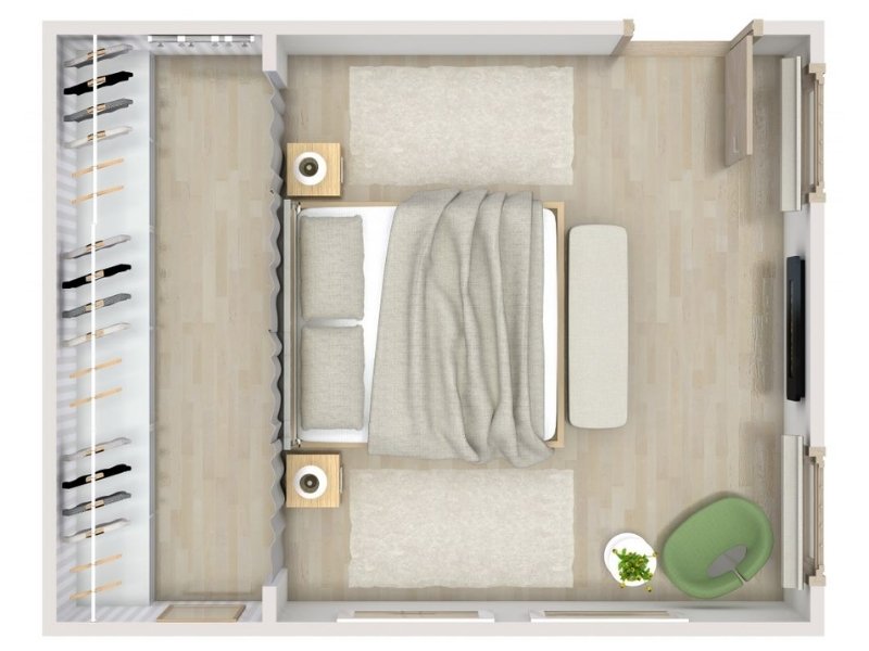 3D floor plan of a modern primary bedroom with a double bed centered against the left wall, flanked by two nightstands. The room includes a walk-in closet on the left, a bench at the foot of the bed, and a sitting area with a green armchair and side table on the lower right. Light wood flooring and neutral rugs complete the design.