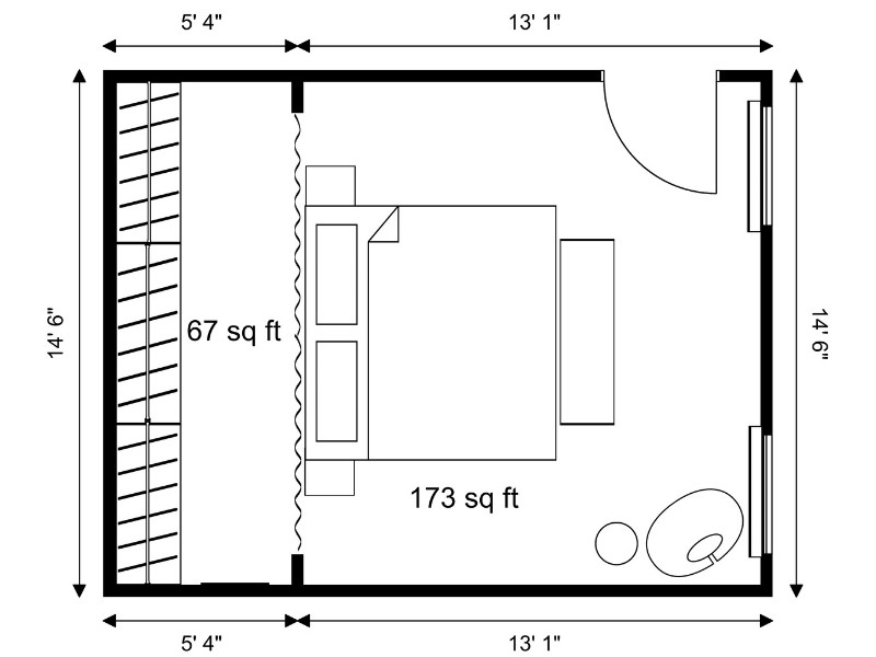 2D black-and-white bedroom floor plan measuring 14’6” by 13’1”. The layout includes a double bed in the center with nightstands, a bench at the foot of the bed, and a sitting area with a chair and side table. A 67 sq ft walk-in closet is shown on the left, and the main bedroom area measures 173 sq ft.