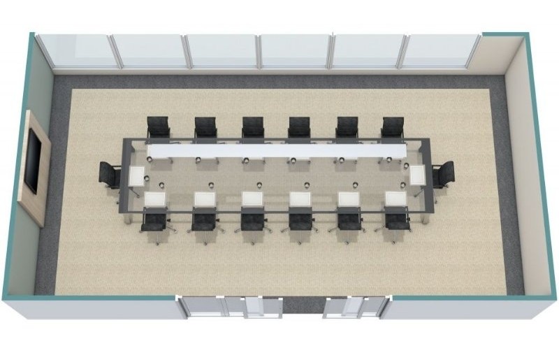 3D floor plan of a rectangular conference room with a long boardroom table in the center.