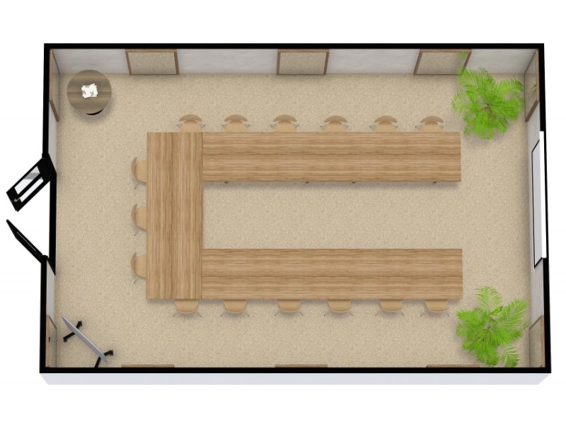 3D floor plan of a rectangular conference room with tables arranged in a large U-shape.