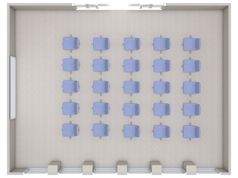 3D floor plan of a rectangular meeting room set up in auditorium style.