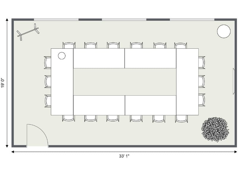 2D floor plan of a rectangular conference room measuring 33'1" by 19'0". Tables are arranged in a large U-shape with chairs placed around the perimeter, seating about 20 people.