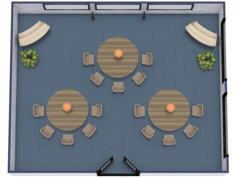 3D floor plan of a rectangular conference or event room set up in banquet style.
