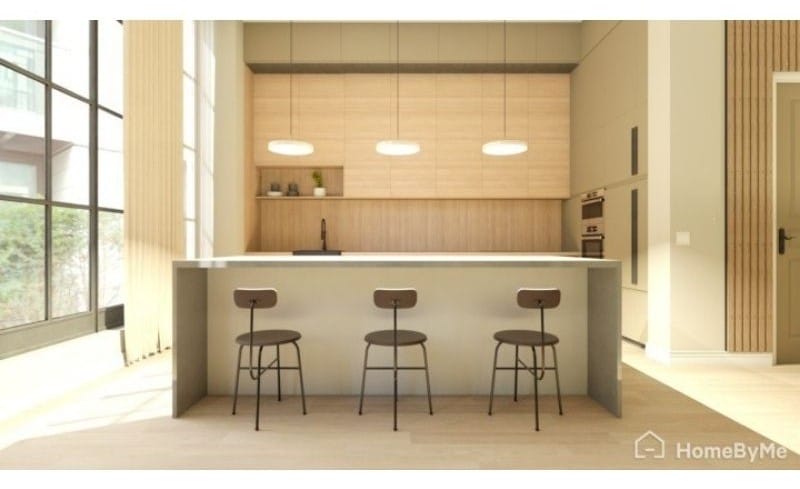 3D photo made with HomeByMe. The photo shows a modern light and airy kitchen design. Wooden finishes on cupboards and the backsplash. There is a waterfall kitchen island in the center of the photo with three chairs in front of it.