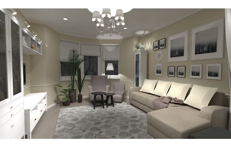 3D photo made with Planner 5D. The photo shows a modern Scandinavian living room with an L-shaped beige couch, two grey lounge chairs behind two round wooden black tables. There are three green plants next to the chairs. There is a media unit, overhead lights and a TV across from the wall where the couch is placed. There are pictures on the same wall as the couch is placed by. A rug is on the floor with decorative leaves.