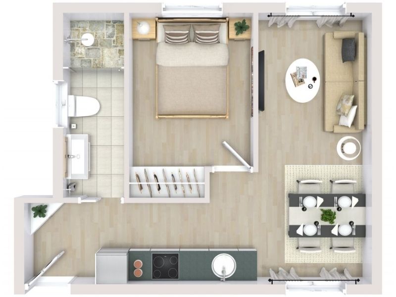 3D floor plan of a one-bedroom apartment with an open living, dining, and kitchen layout.