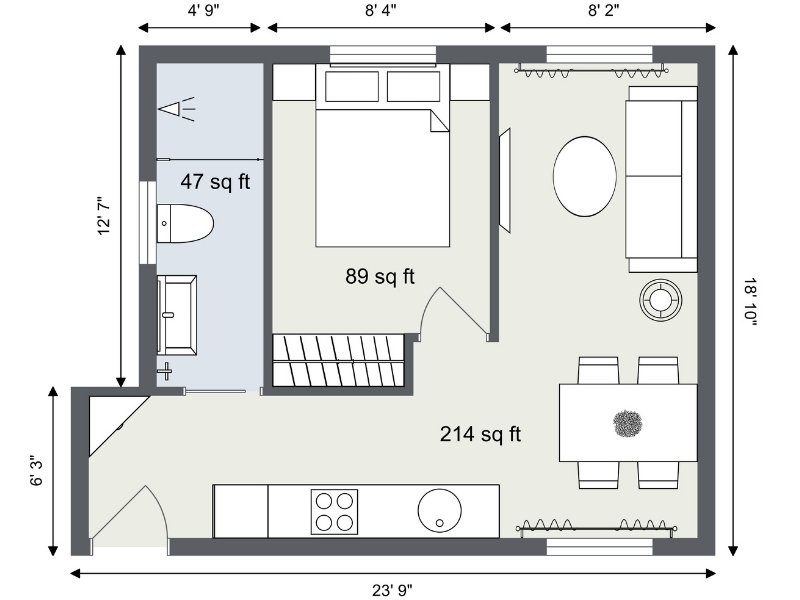 2D floor plan of a one-bedroom house measuring 23'9" x 18'10".