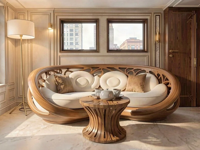AI generated image of a living room with an intricate sofa with wood carvings.