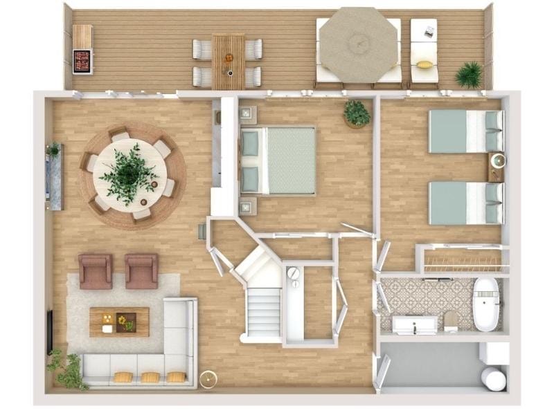 3D floor plan of a two bedroom house made with RoomSketcher in beige and warm earth tones.