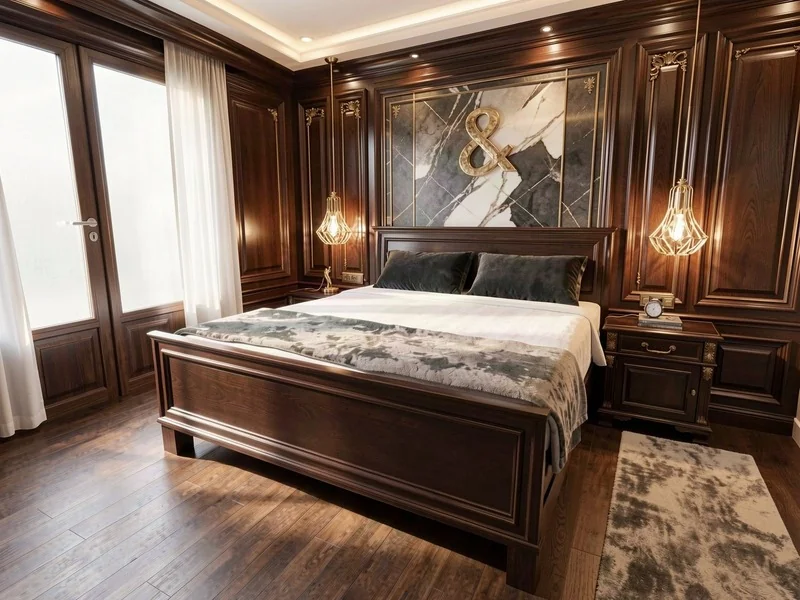 Bedroom in an art deco style with dark wood, carvings, and marble.