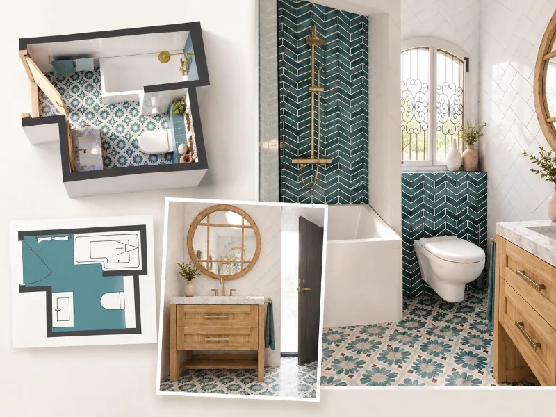 Editorial collage of a bathroom design showing a 2D floor plan, 3D model, and photorealistic AI-rendered interiors with teal patterned tiles, brass fixtures, and a wooden vanity.