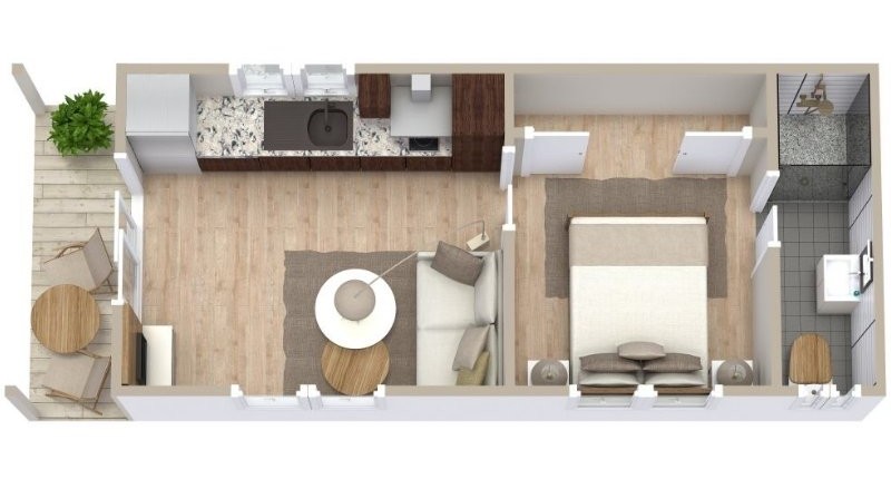 3D floor plan of a one-bedroom house with an open-plan kitchen and living area, a bedroom, and a bathroom.