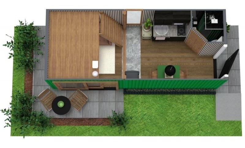 3D floor plan of a compact container home with a bedroom, kitchen, and bathroom.
