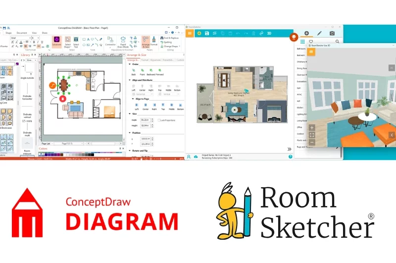 ConceptDraw DIAGRAM vs RoomSketcher. On the left side of the image is a screenshot of the ConceptDraw DIAGRAM user interface. It shows a floor plan in 2D being made. Below the screenshot there is the ConceptDraw DIAGRAM logo. On the right side of the image is a screenshot of the RoomSketcher user interface. Below the image is the RoomSketcher logo.
