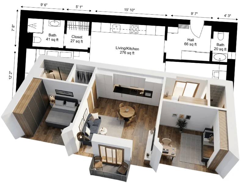 Cutaway 3D rendering of a compact apartment with a bedroom, open living and kitchen area, home office, bathrooms, closet, and balcony, shown beneath a labeled 2D floor plan with room sizes and dimensions.