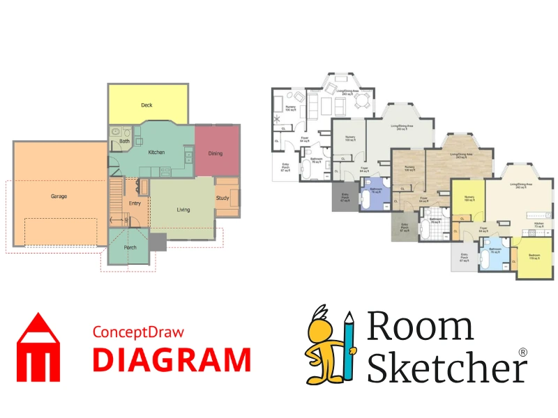 ConceptDraw DIAGRAM vs RoomSketcher. On the left side of the image is a color-coded 2D floor plan made with ConceptDraw DIAGRAM. The floor plan has a kitchen, living room, dining, study, entry, garage, porch, bathroom, and a deck. Below the floor plan is the ConceptDraw DIAGRAM logo. On the right side of the image is multiple 2D floor plans made with RoomSketcher. Each floor plan has a different style: black-and-white, standard, materials, and color-coded. Below the floor plans is the RoomSketcher logo.