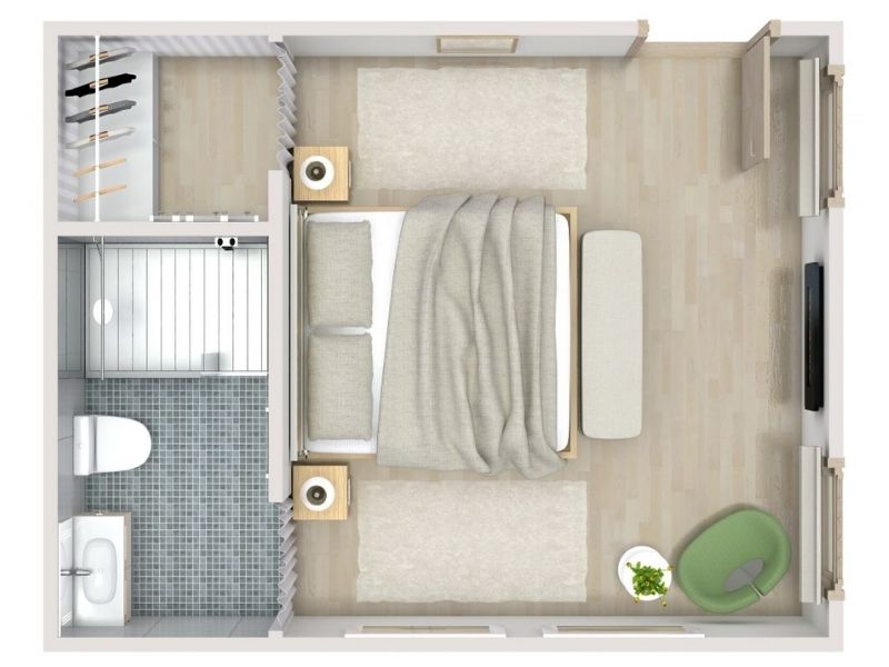 3D floor plan of a modern bedroom with a double bed centered between two nightstands, a bench at the foot of the bed, and a green armchair with a side table in the corner.