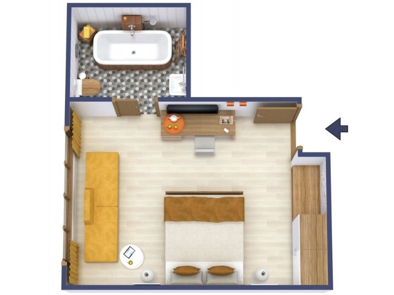 3D floor plan of a bedroom with a double bed, two nightstands, a yellow sofa with a round coffee table, and a desk with a chair.