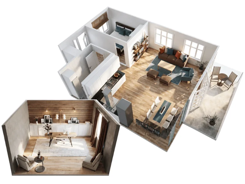 Isometric 3D floor plan of a modern apartment featuring an open-plan kitchen, dining and living room, a bedroom, balcony, and a separate furnished home office.