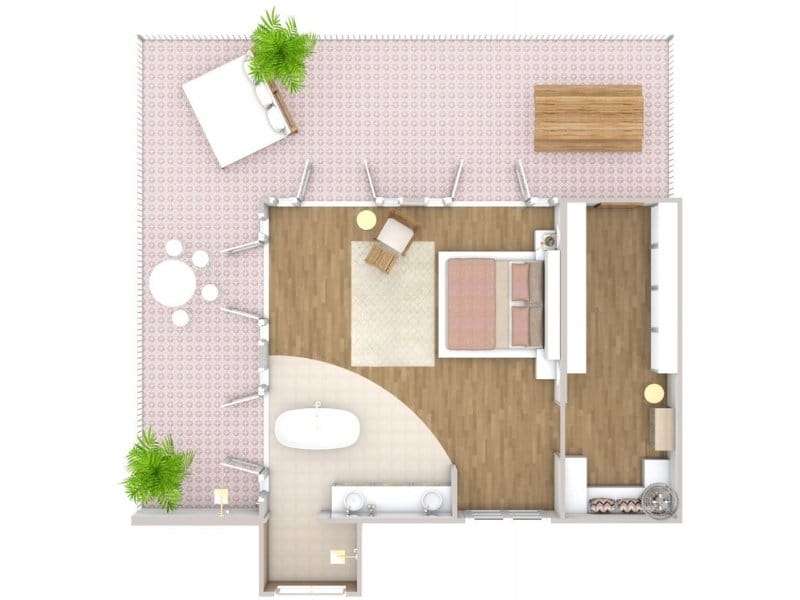 3D floor plan of a spacious bedroom with a double bed, armchair, and side table, connected to a bathroom with a freestanding bathtub and dual sinks.