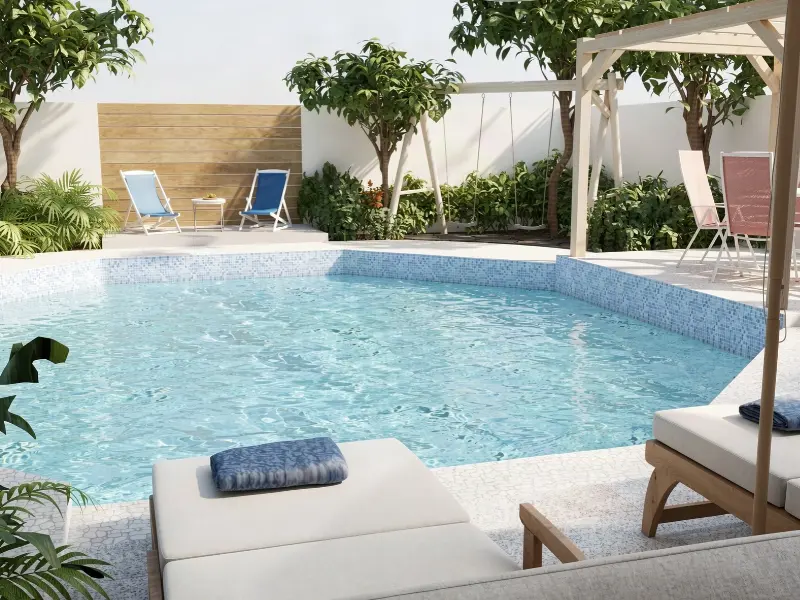 AI Render of an outdoor area with a pool, seating, greenery, and a swingset.