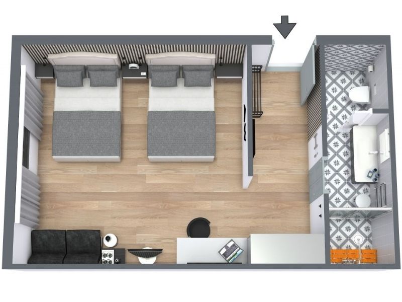 3D floor plan of a hotel room with two double beds, a sofa, and a work desk. The room includes a long bathroom with patterned tile flooring, a bathtub, shower, toilet, and sink.