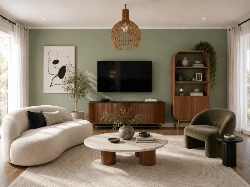 Modern living room with a sage green accent wall, curved cream sofa, olive armchair, round coffee table, wooden media console, shelving unit, plants, and woven pendant light.