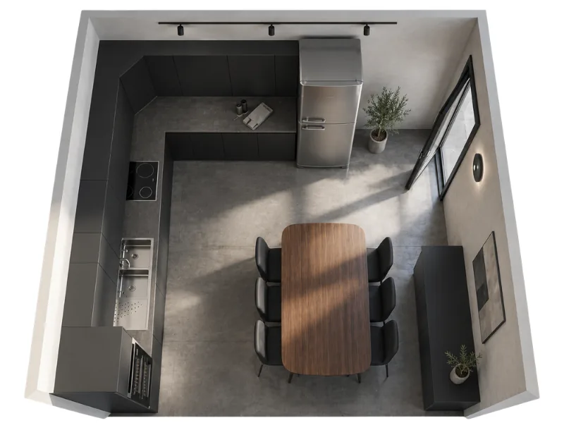 Aerial three-quarter view of a minimalist industrial kitchen and dining room. Matte black handleless cabinetry wraps around two walls with dark concrete countertops, integrated stainless-steel appliances, and a double sink. Large grey concrete floor tiles and light grey plaster walls create a clean, neutral palette.