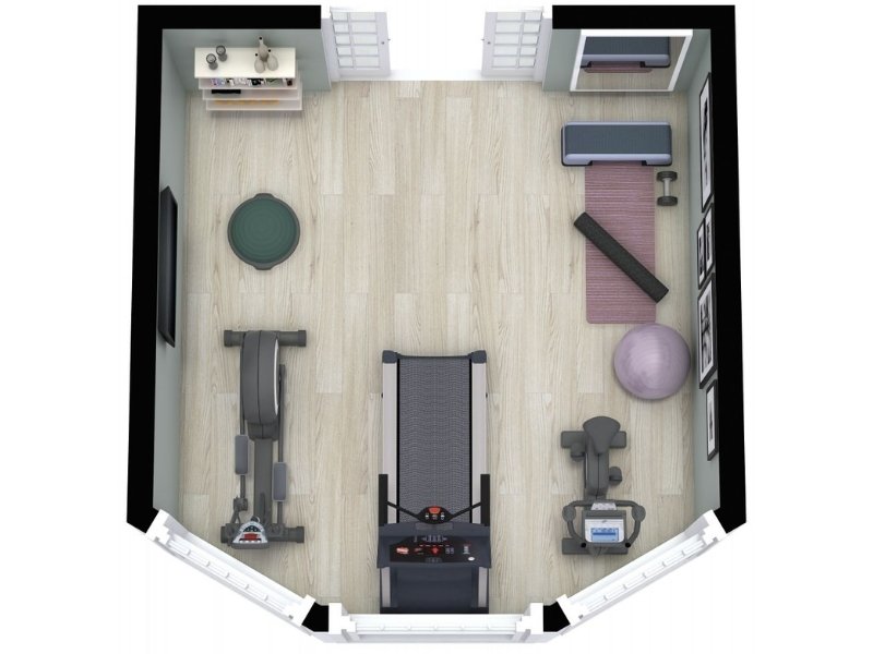 3D floor plan of a home gym with a treadmill, elliptical machine, stationary bike, and free weights.