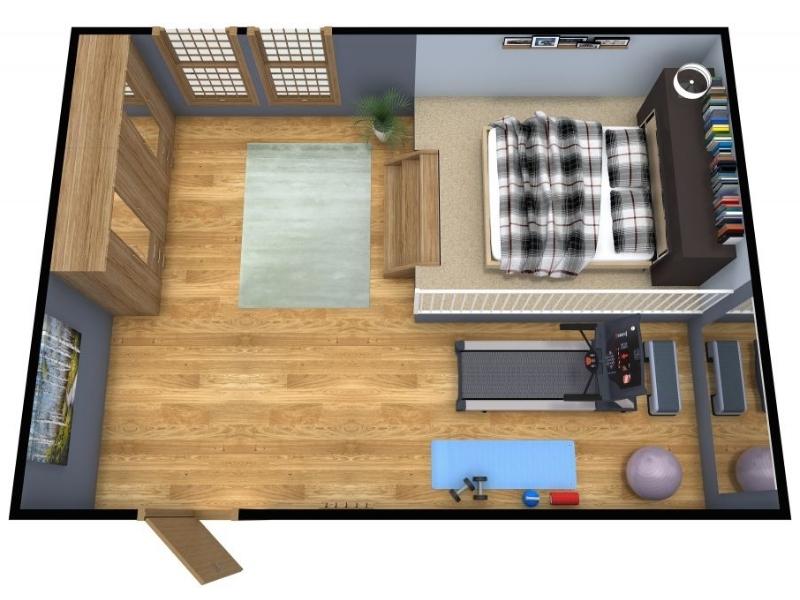 3D floor plan of a multipurpose room with a Murphy bed, treadmill, yoga mat, dumbbells, and exercise balls.