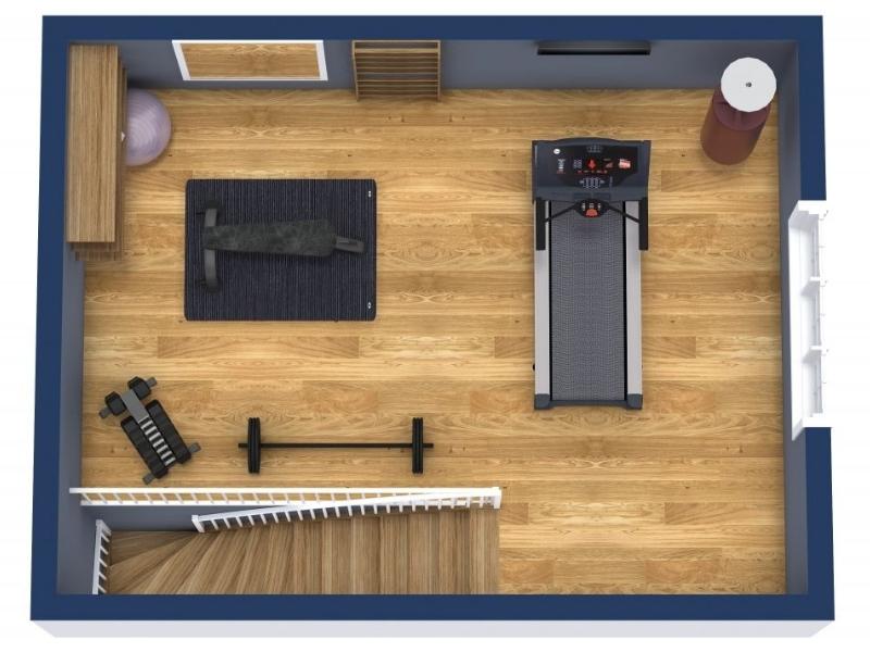 3D floor plan of a home gym with a treadmill, weight bench, dumbbells, barbell, punching bag, and exercise ball.