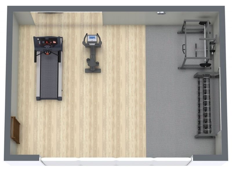 3D floor plan of a home gym with a treadmill, exercise bike, squat rack, and a long dumbbell rack. The room features light wood flooring with a gray workout area.