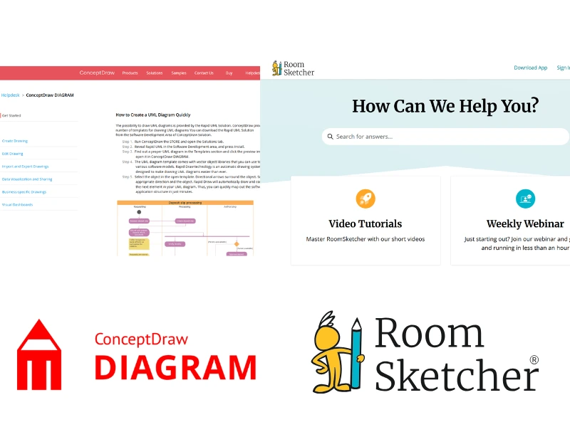 ConceptDraw DIAGRAM vs RoomSketcher. On the left side of the image there is a screenshot of the ConceptDraw DIAGRAM HelpDesk. below the screenshot there is the ConceptDraw DIAGRAM logo. On the right side of the image is a screenshot of the RoomSketcher Help Center. Below the screenshot there is the RoomSketcher logo.