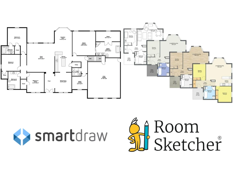 SmartDraw vs RoomSketcher. The image is a comparison between the two software 2D floor plans. On the left side of the image is a 2D floor plan made with SmartDraw. It is in black-and-white. Below the floor plan is the SmartDraw logo. On the right side of the image is a selection of 2D floor plans made with RoomSketcher. It shows black-and-white, standard, materials, and color-coded floor plans. Below the floor plans is the RoomSketcher logo.