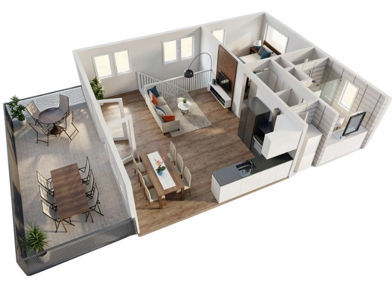 3D floor plan of a house.