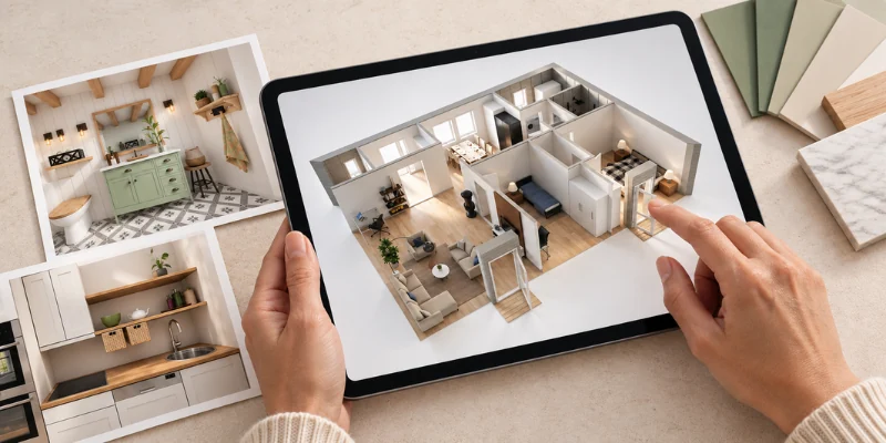 An interior designer showing a 3d floor plan of a home on an ipad.
