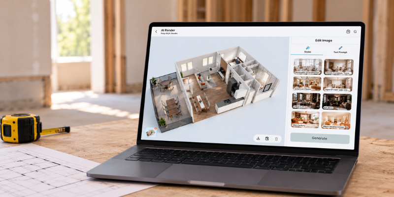 3D floor plan of an apartment being shown on a laptop during a home renovation.