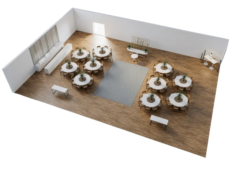 Isometric 3D floor plan of a small event venue with round dining tables and chairs arranged around a central open floor, wood flooring, benches, plants, and serving tables.