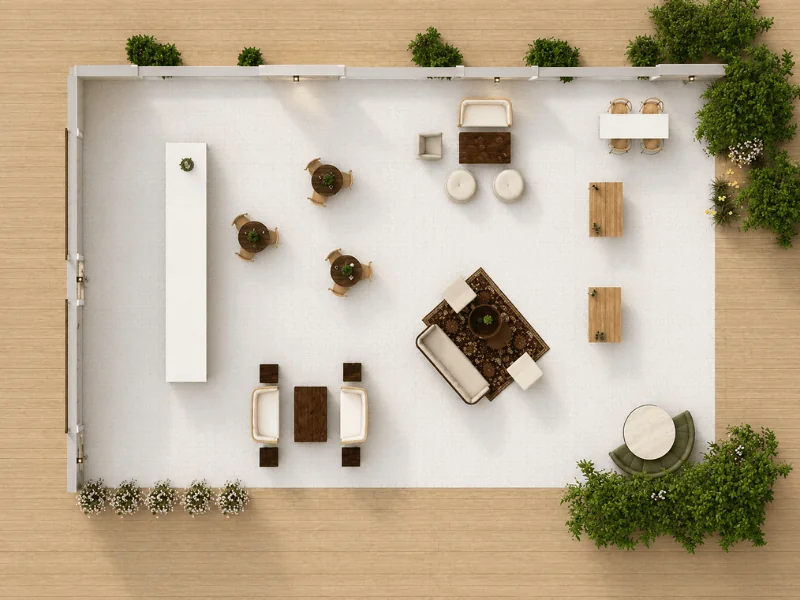 Top-down 3D floor plan of an outdoor event lounge with dining tables, sofas, armchairs, benches, a long service counter, light flooring, a wooden deck, and surrounding greenery.