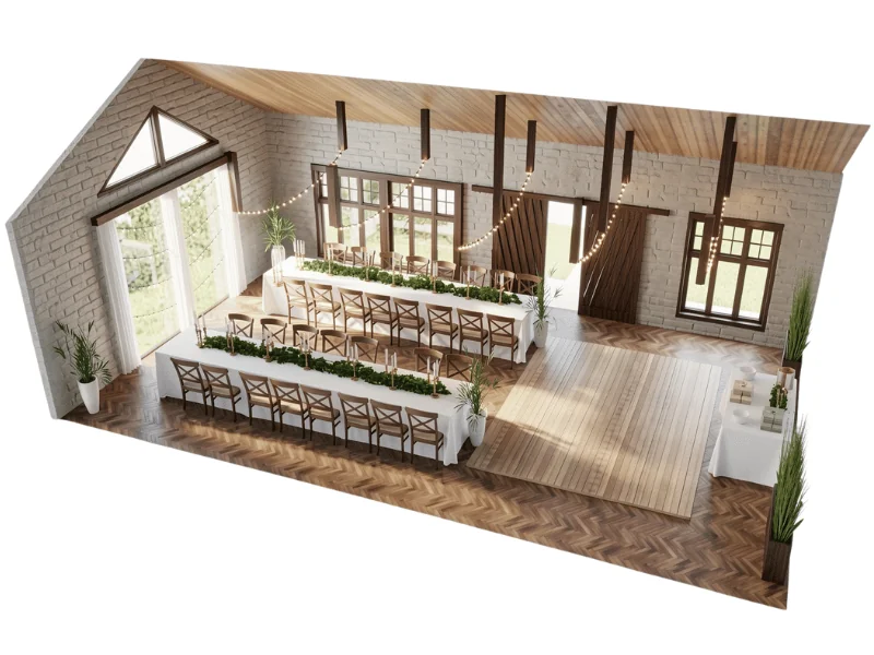 Isometric 3D floor plan of a rustic wedding venue with long banquet tables, wooden chairs, floral greenery, string lights, a central dance floor, buffet tables, large windows, and vaulted wood ceilings.