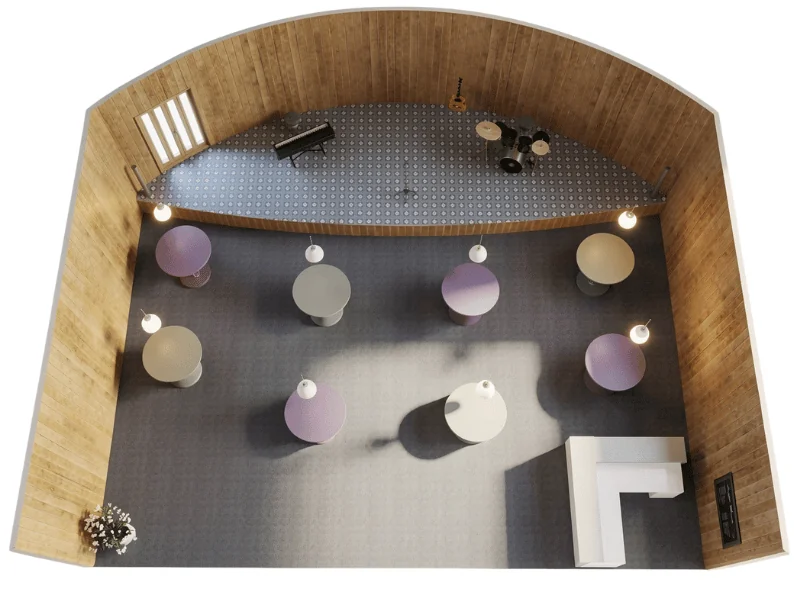 Top-down 3D floor plan of a small live music venue with a raised stage, piano, drum kit, guitar, round cocktail tables, pendant lights, wood-paneled walls, and an L-shaped bar.