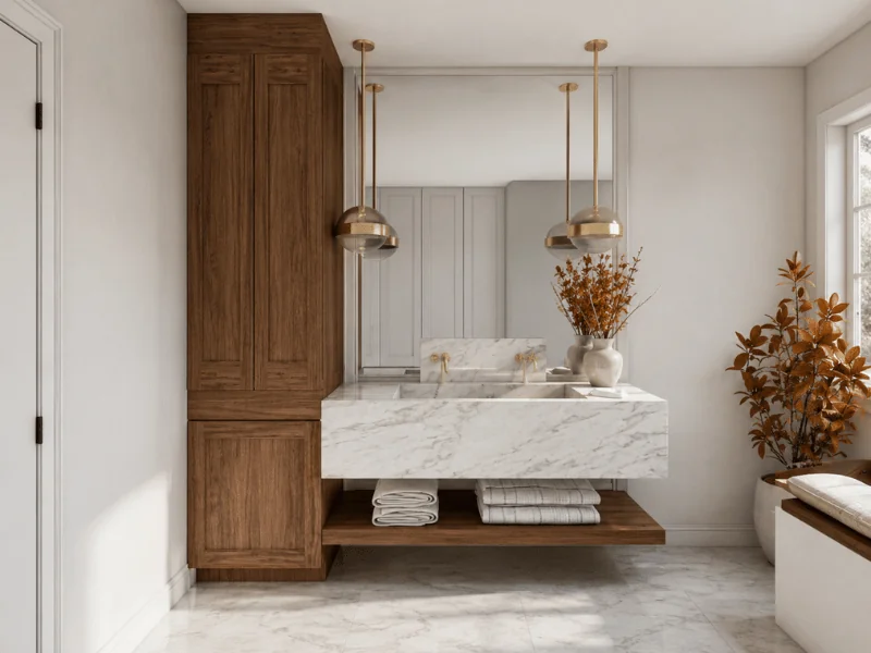 Bright craftsman-style bathroom with a floating marble vanity, warm walnut cabinetry, brass pendant lights, paneled walls, and built-in storage.