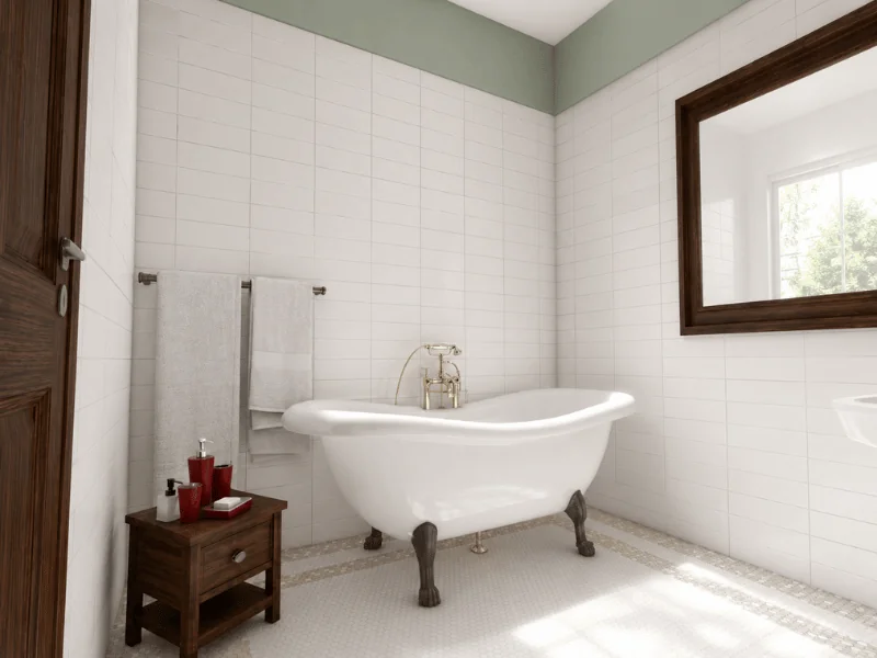 Craftsman-style bathroom featuring a white clawfoot tub, subway tile walls, dark wood trim, sage green accents, and vintage-inspired fixtures.