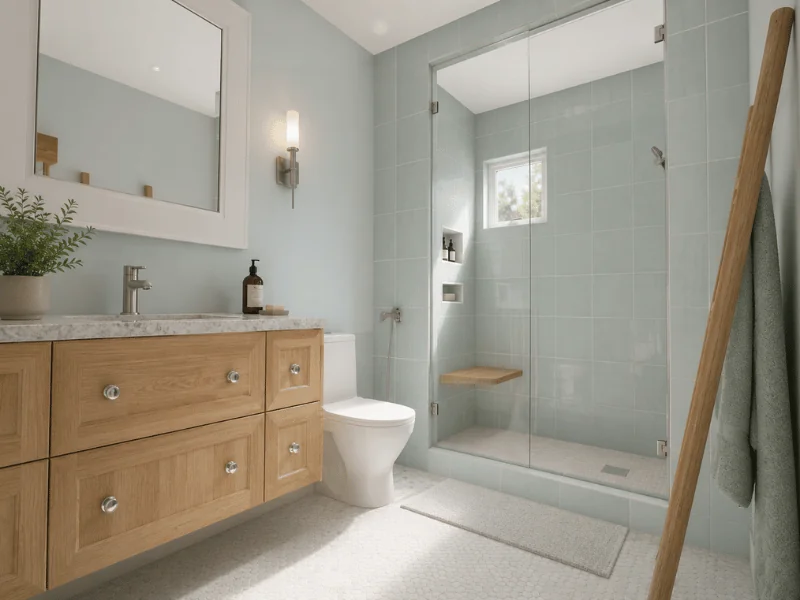 Craftsman-style bathroom featuring a light wood vanity, marble countertop, pale blue tiled shower, glass enclosure, and built-in wooden bench.